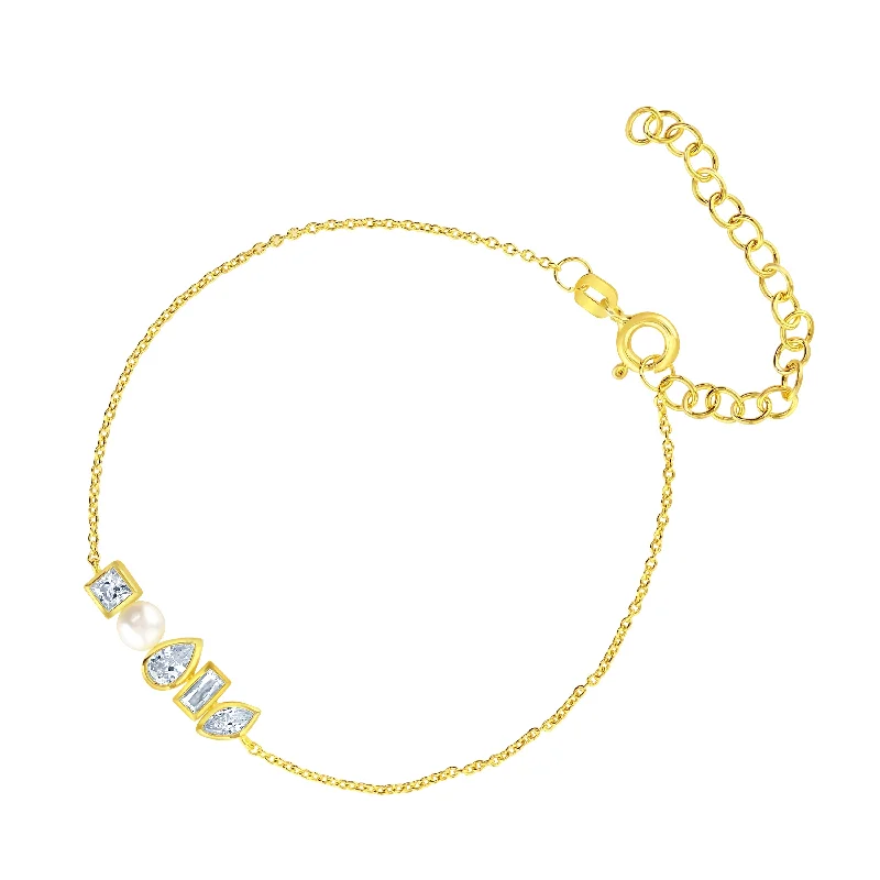 adjustable braided charm bracelet for women-Gold Vermeil Pearl Cubic Zirconia Bezel Set Bracelet