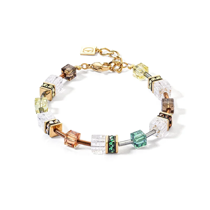 elegant silver bangle with crystals-Coeur De Lion GeoCUBE® Iconic Nature Gold Brown White Bracelet