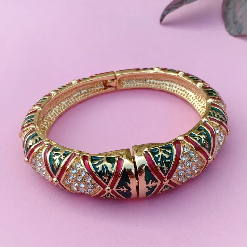 trendy silver and leather bracelet-Estele Gold Plated Diamond Pattern Green and Red Meenakari Cuff Bracelet