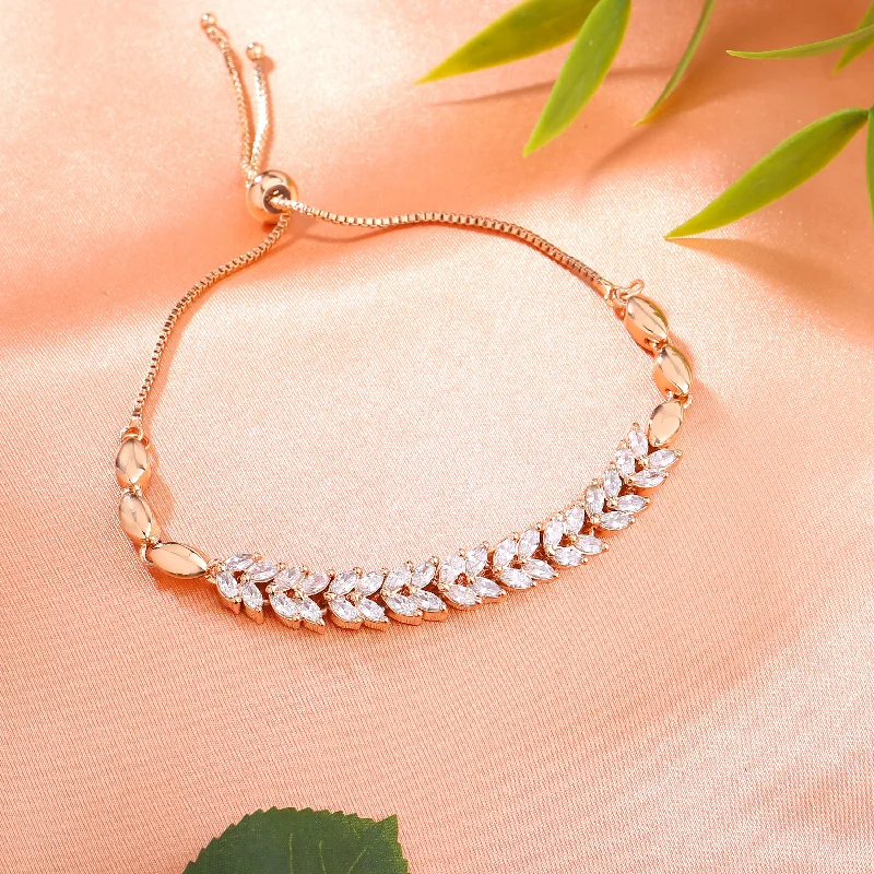 crystal stone bracelet for couples-Estele Rose Gold Plated CZ Leaf Designer Bracelet for Women