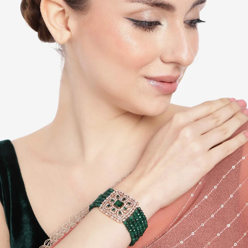 silver bracelet with engraved charms-Estele Rose Gold Plated CZ Ravishing Multi-Layered Bracelet With Green Stones For Women