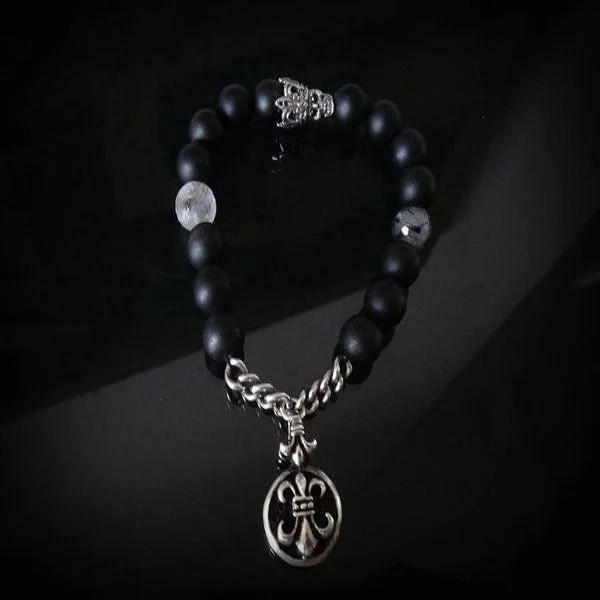 personalized silver chain link bracelet-Fleur Coin with Small Crowned Skull