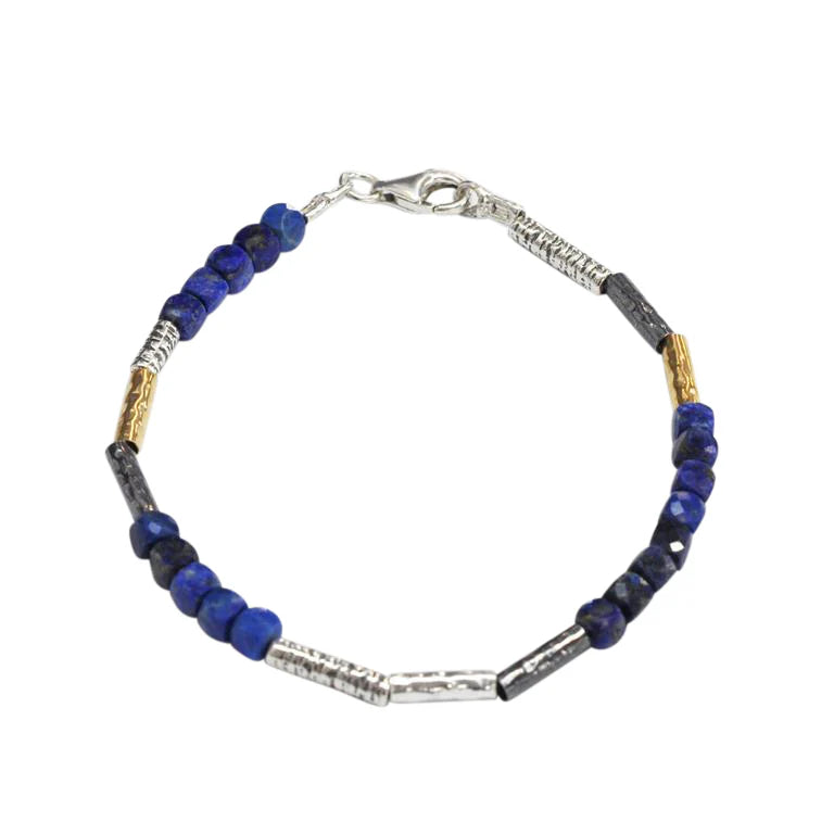 gemstone stretch bracelet with charms-Lapis Lazuli Three Colour Bracelet