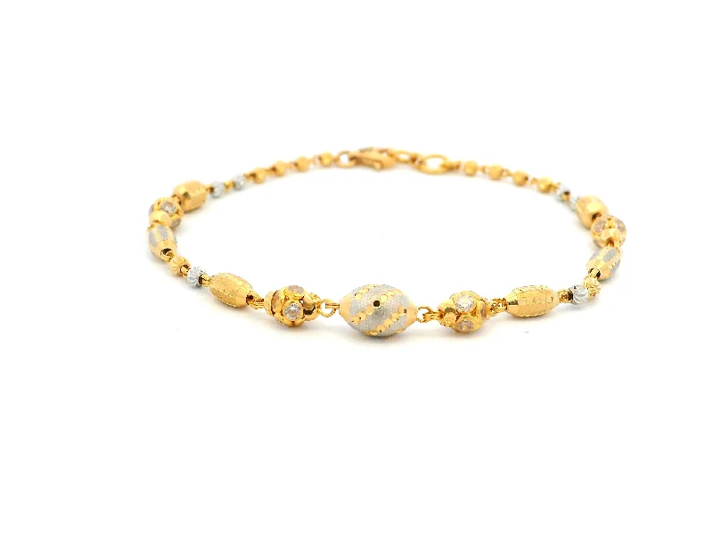 handmade gemstone and silver bracelet-22ct Gold Bracelet with Rhodium-Plated Diamond-Cut Beads & Cubic Zirconia | Elegant Lobster Clasp Design