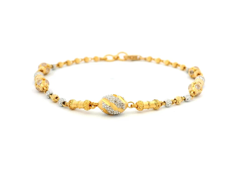 trendy pearl and crystal bracelet-22ct Gold Bracelet with Rhodium-Plated Diamond-Cut Beads, Cubic Zirconia & Lobster Claw Clasp – Timeless Luxury Bracelet