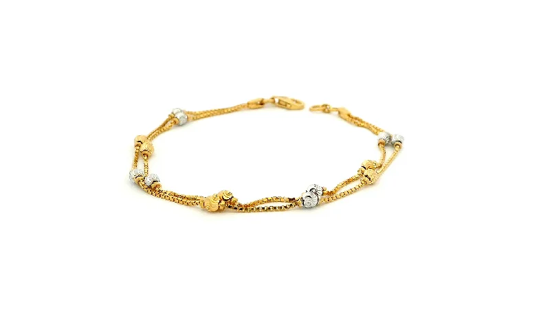 pearl and crystal bracelet for weddings-22ct Gold Two Row Box Chain Bracelet with Rhodium-Plated Diamond-Cut Beads & Lobster Claw Clasp – Luxury Gold Jewellery