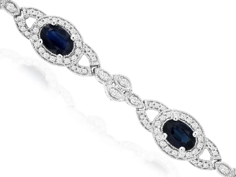 women's adjustable gemstone charm bracelet-Sabel Collection White Gold Oval Sapphire and Diamond Bracelet