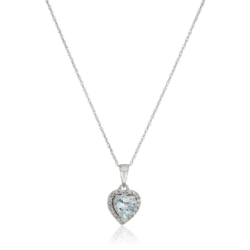 custom gemstone pendant for anniversary gift-10k White Gold Aquamarine Heart, Diamond Pendant Necklace, 18" - Blue