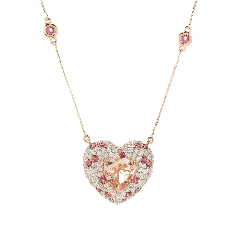 custom engraved pendant necklace with message-14k Rose Gold Morganite, Pink Tourmaline and Diamond-cut White Zircon Heart-shaped Necklace