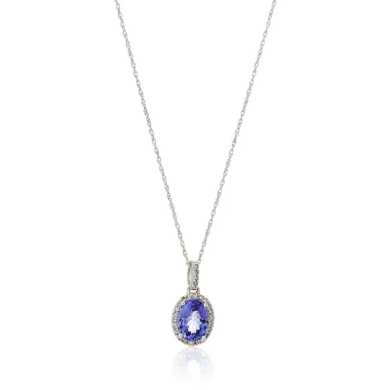 engraved bar pendant necklace with names-14k White Gold Oval Tanzanite and Diamond Halo Pendant Necklace, 18"