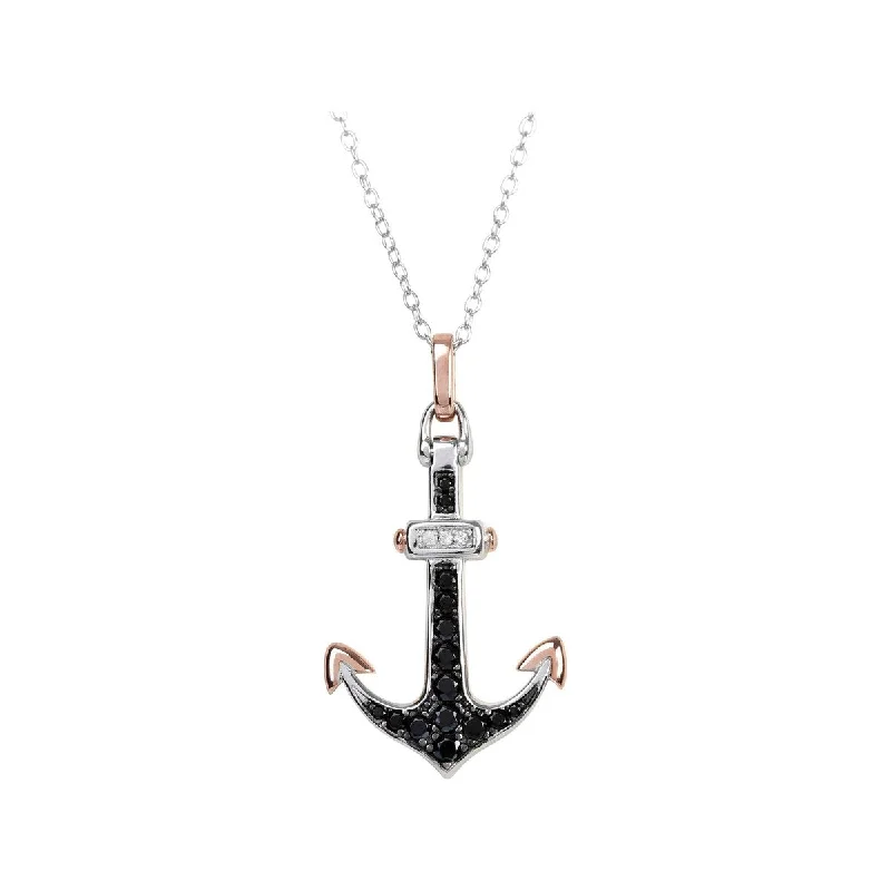 custom name pendant necklace for family-925 Sterling Silver Black Spinel and White Topaz Gemstone Anchor Pendant