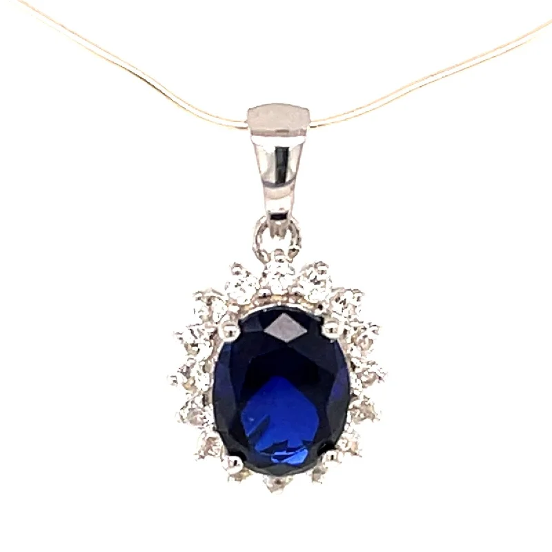 silver pendant necklace with gemstone charm-925 Sterling Silver Created Blue Sapphire and White Topaz Pendant