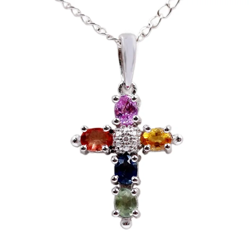 silver custom necklace with family names-925 Sterling Silver Multi Sapphire Cross Pendant