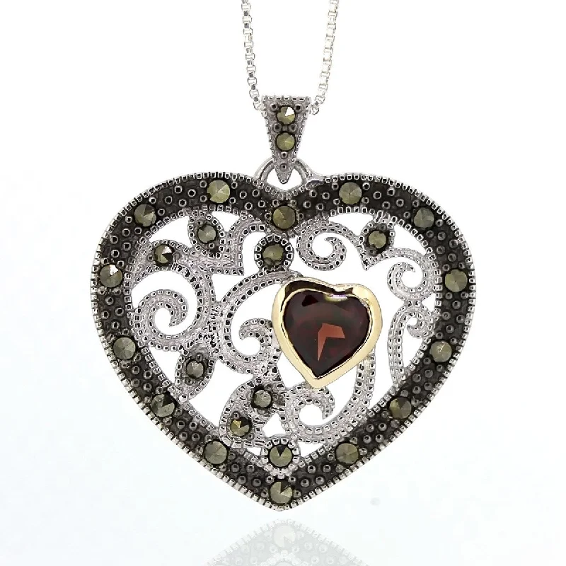 custom bar pendant necklace for him-925 Sterling Silver Red Garnet and Marcasite Heart Pendant