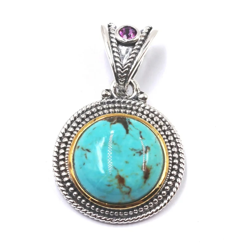 gold pendant necklace for women with initials-925 Sterling Silver Tyrone Turquoise and Rhodolite Garnet Pendant