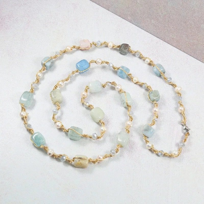 personalized bar necklace with gemstone pendant-Aquamarine and Cultured Pearl Twist Knot Necklace