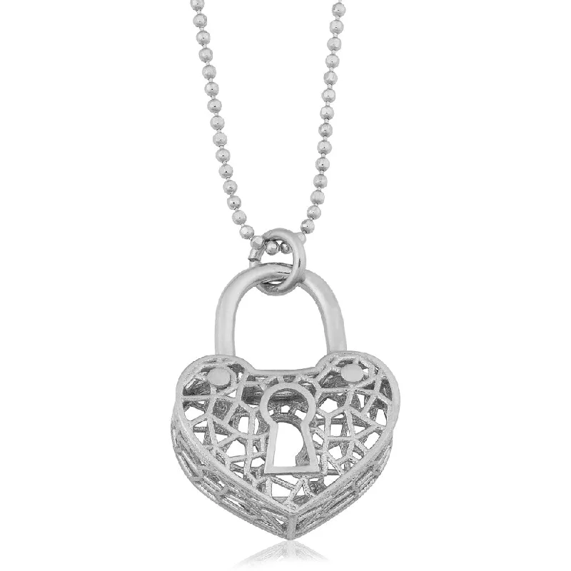 gold crystal pendant necklace for bridesmaid-Argento Italia Rhodium Plated Sterling Silver Keyhole Heart Pendant on Bead Chain Necklace (18 inches)