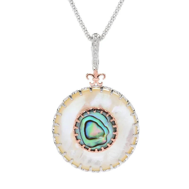 silver pendant necklace with engraved message for him-Dallas Prince Sterling Silver Mother-of-Pearl & Abalone Enhancer Pendant w/ 18" Chain