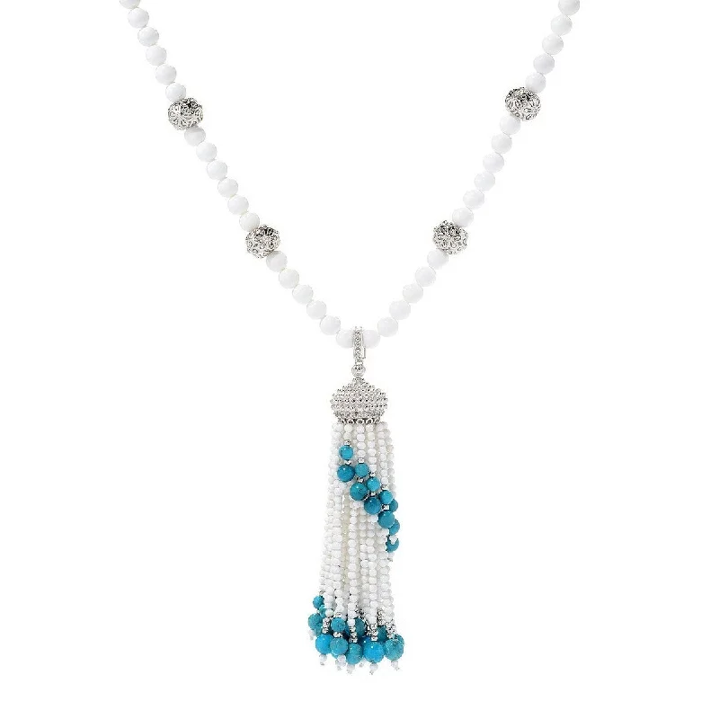 personalized pendant necklace with name and birthstone-Dallas Prince Sterling Silver White Agate & Gemstone Tassel Enhancer Pendant w/ 30" Bead Necklace