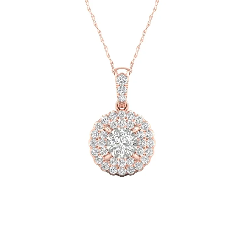 engraved charm pendant necklace for mom-De Couer 10K Rose Gold 1/4ct TDW Diamond Cluster Halo Necklace - Pink