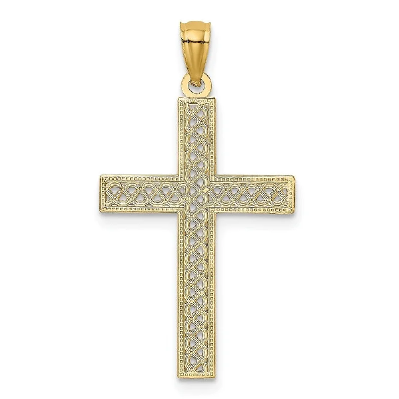 silver pendant necklace with inspirational quote-Diamond2Deal 14K Yellow Gold Diamond-Cut Filigree Cross Pendant (L- 34 mm, W- 19 mm)