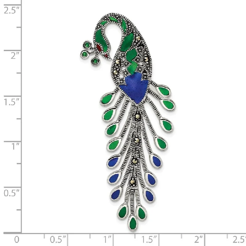 gold custom pendant necklace for special occasion-Diamond2Deal 925 Sterling Silver Antiqued Green Red Blue Epoxy Marcasite Peacock Slide Pendant (L- 64 mm, W- 20 mm)