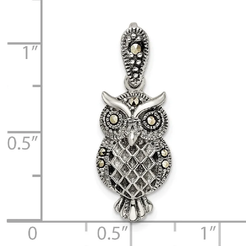 gold custom pendant necklace for special occasion-Diamond2Deal 925 Sterling Silver Antiqued Marcasite Owl Pendant (L-28.15mm, W-10.4mm)