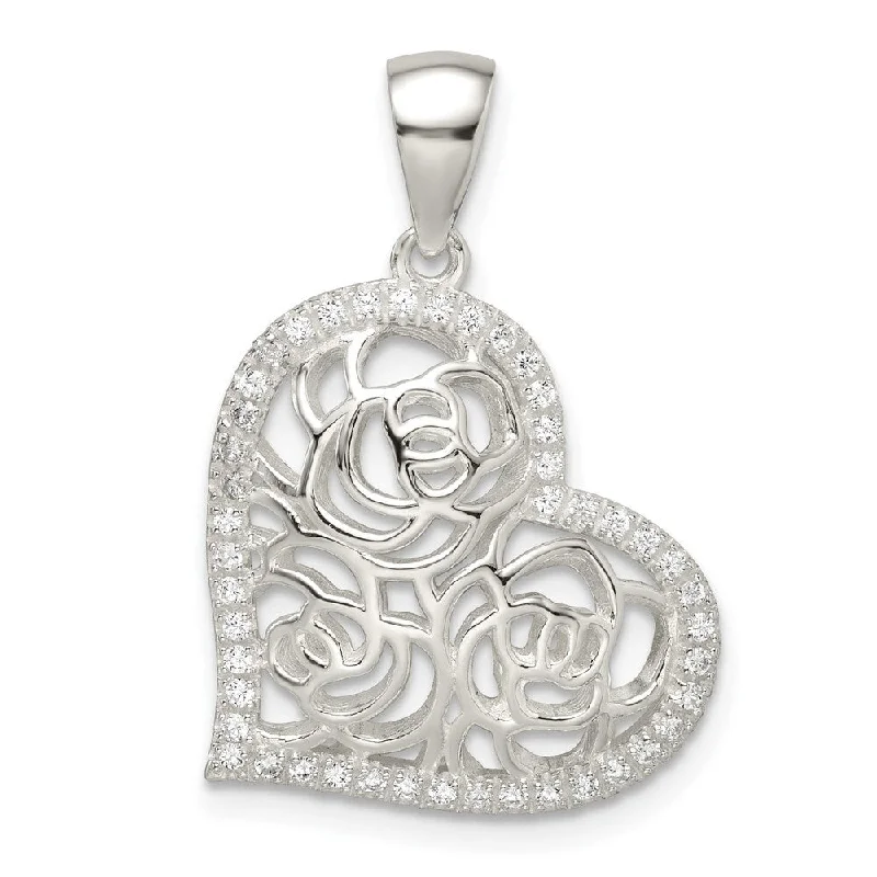 sterling silver nameplate necklace with charm pendant-Diamond2Deal 925 Sterling Silver Cubic Zirconia Roses in Heart Pendant (L-27.3mm, W-18.65mm)