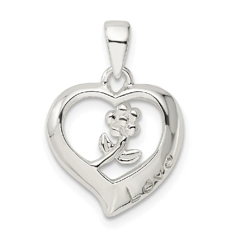 personalized heart pendant necklace with custom names-Diamond2Deal 925 Sterling Silver Love Heart Flower Pendant (L-21.9mm, W-14.9mm)