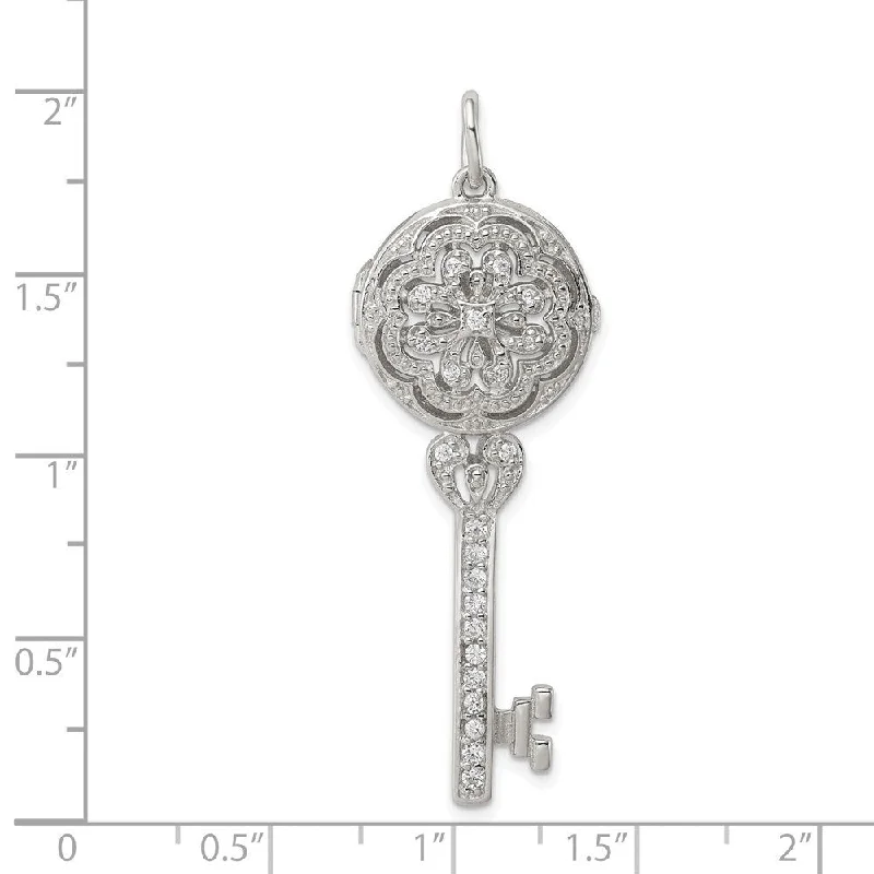 silver pendant necklace with engraved message-Diamond2Deal 925 Sterling Silver Rhodium-plated CZ Filigree Locket Key Pendant