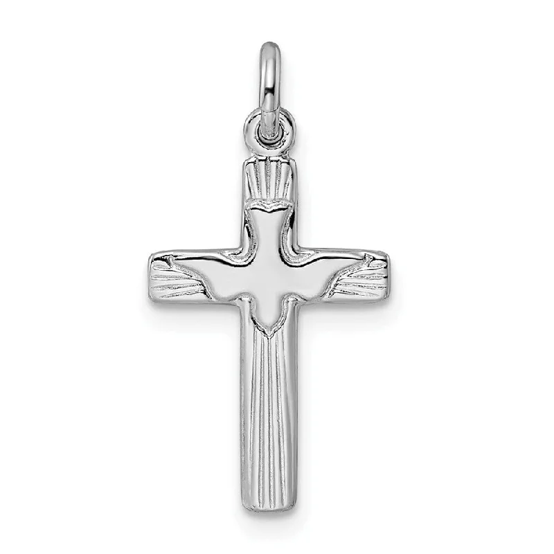 silver pendant necklace with personalized engraving-Diamond2Deal 925 Sterling Silver Rhodium-plated Dove Cross Pendant (L-25.3mm, W-12.48mm)