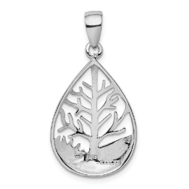 personalized long pendant necklace with engraving-Diamond2Deal 925 Sterling Silver Rhodium Plated Tree Teardrop Pendant