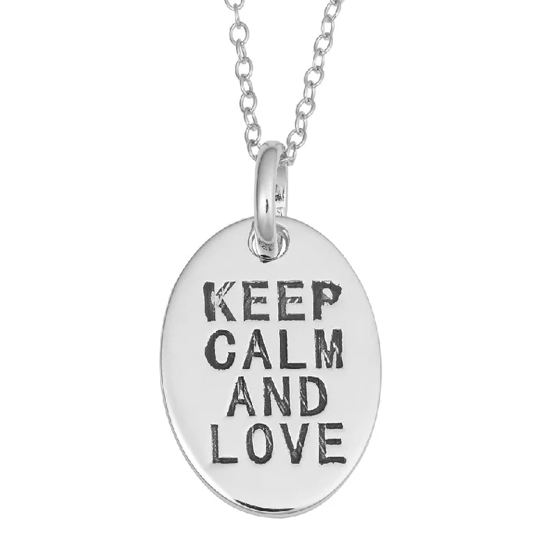 gold charm pendant necklace with engraved initials-Fremada Rhodium Plated Sterling Silver Keep Calm and Love Oval Pendant On Cable Chain Necklace