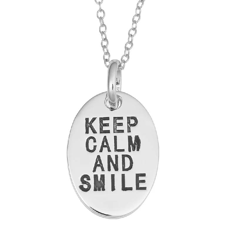 custom gemstone pendant necklace for couples-Fremada Rhodium Plated Sterling Silver Keep Calm And Smile Oval Pendant On Cable Chain Necklace