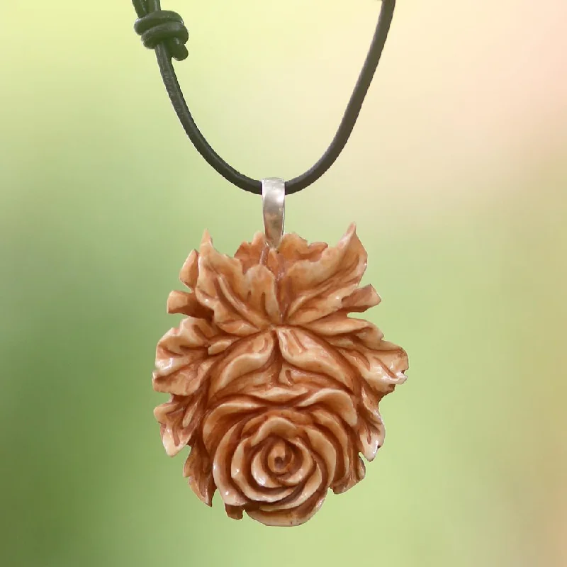 handmade charm pendant necklace for her-Handcrafted Leather 'Brown Rose' Necklace (Indonesia)