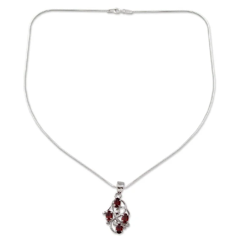 silver pendant necklace with custom name and stone-Handmade Floral Vines Garnet Necklace (I