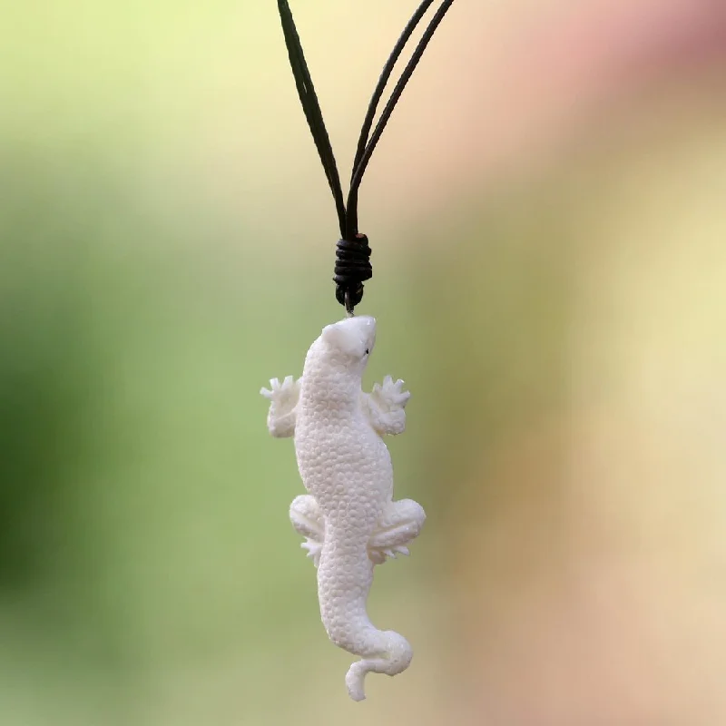 gold pendant necklace for girlfriend with engraving-Handmade Leather 'White Lizard Totem' Necklace (Indonesia)