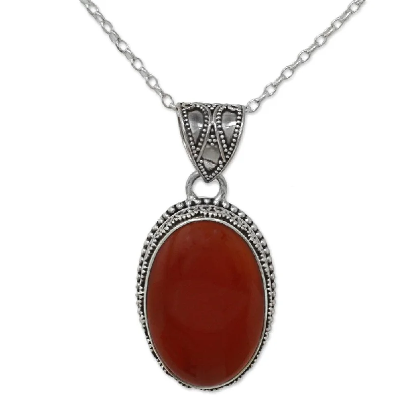 personalized pendant necklace for couple with names-Handmade Sterling Silver Fiery Glamour Carnelian Necklace (India)