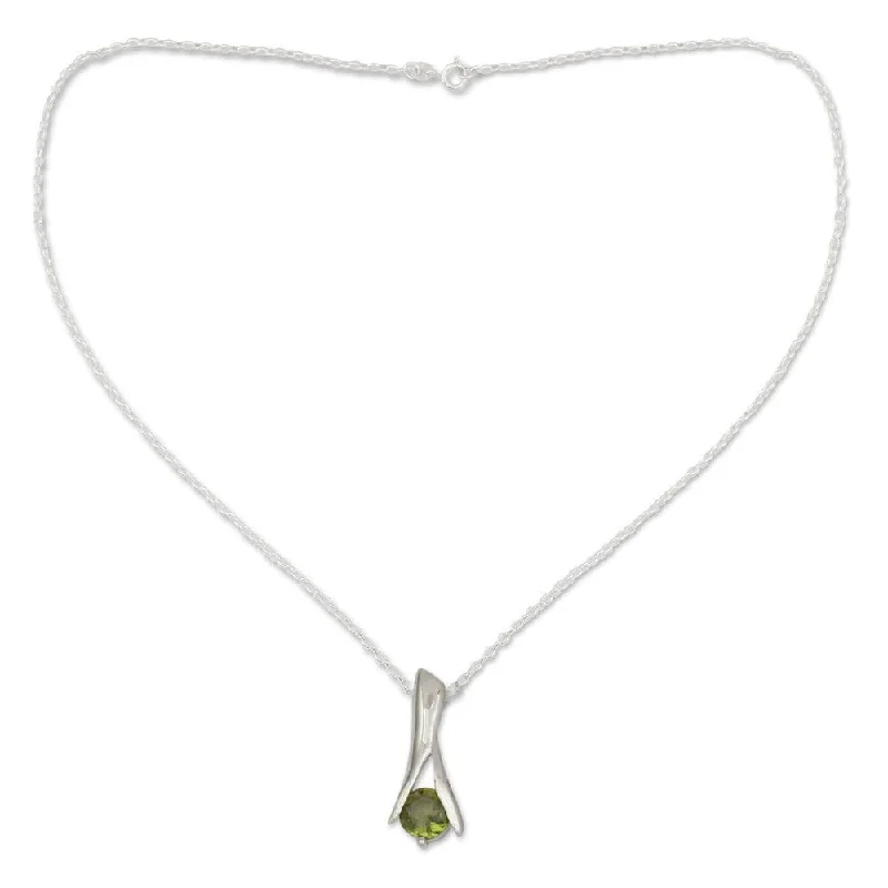 handmade silver pendant necklace with custom name-Handmade Sterling Silver 'Nature's Flare' Peridot Necklace (India)