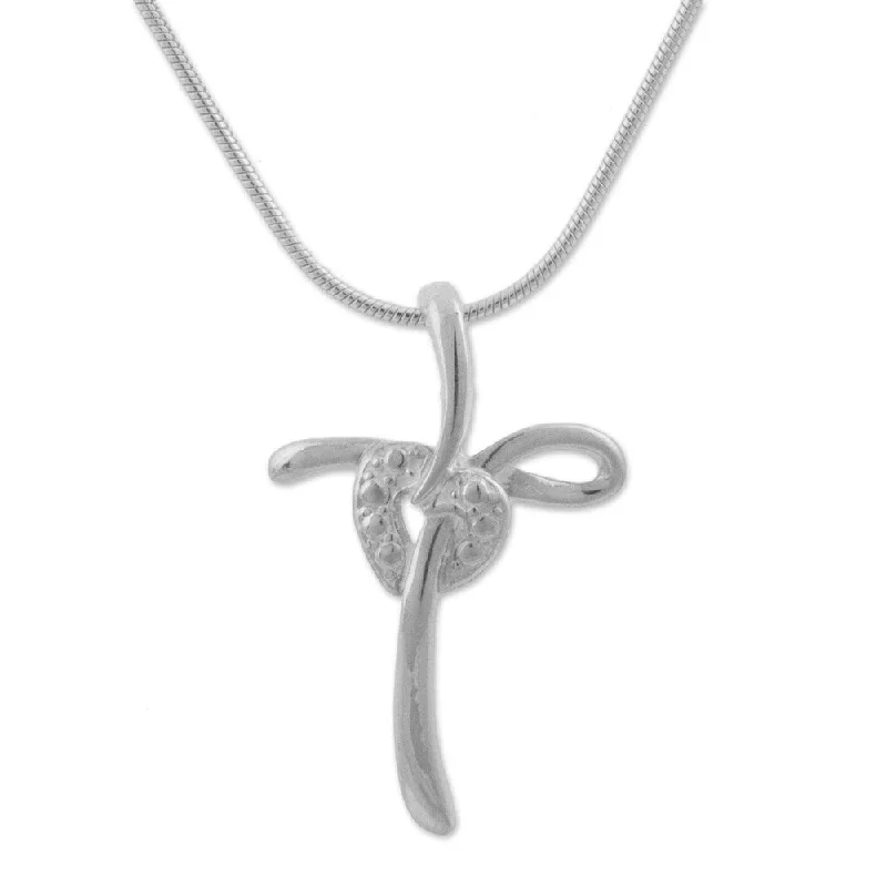 engraved family charm pendant necklace-Handmade Sterling Silver Pendant Necklace, 'Heart Cross' (Peru) - 7'6" x 9'6"