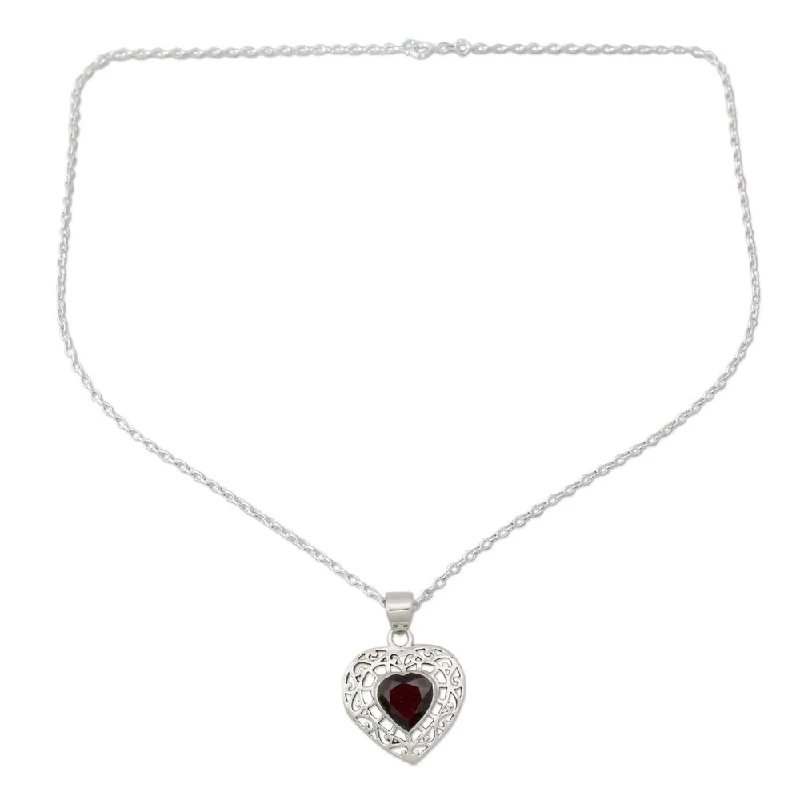 silver pendant necklace with personalized engraving-NOVICA Handmade Garnet Heart Necklace, 'Mughal Romance' (India)