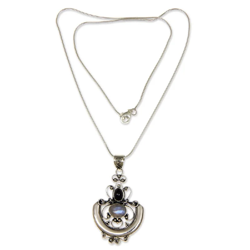 silver pendant necklace with crystal stone-Ornate Arabesque Cabochon Moonstone and Garnet Set in Openwork 925 Sterling Silver Womens Pendant Necklace (Indonesia) - White