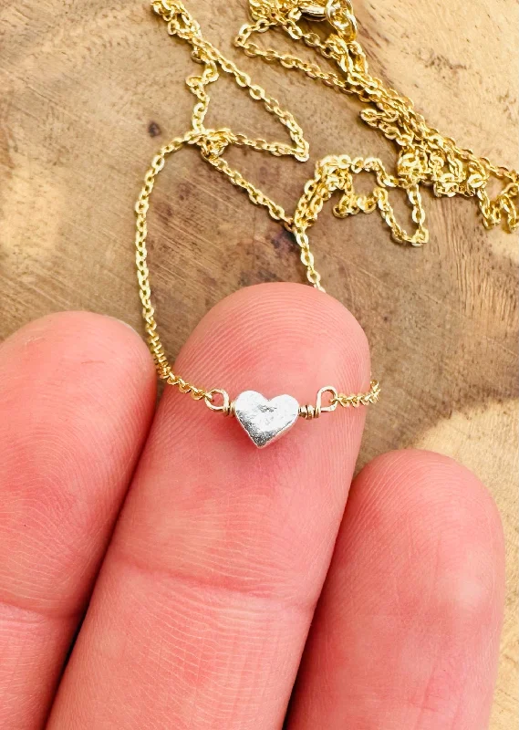 men’s engraved heart pendant necklace-Pixie Heart Necklace - 14k Gold Fill & Fine Silver