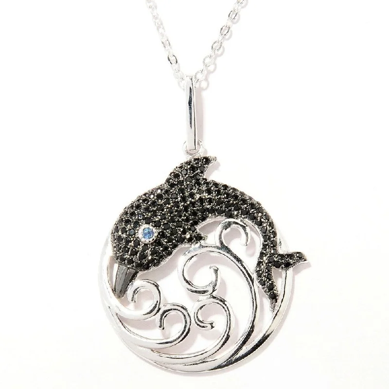 personalized pendant necklace for sister-Platinum o/Silver 0.76ctw Black Spinel 1.50'L Dolphin Pendant with 18' Chain