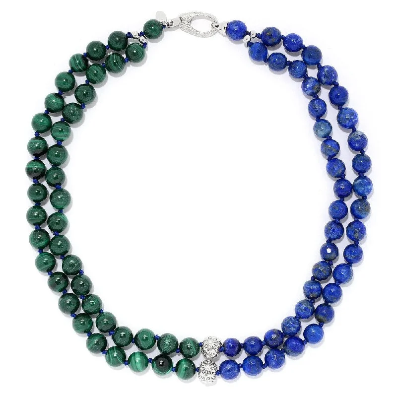 engraved family charm pendant necklace-Sterling Silver 18" Malachite and Lapis Lazuli Two-Strand Beaded Necklace