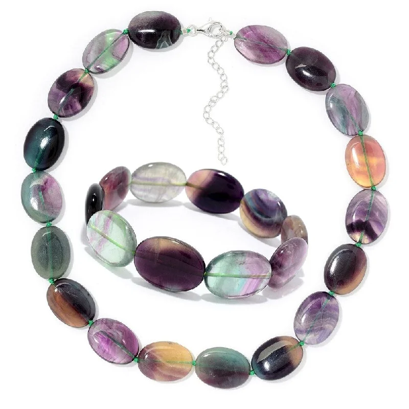 silver pendant necklace for mom with name engraving-Sterling Silver 18" Multi Fluorite Beaded Necklace & Bracelet Set