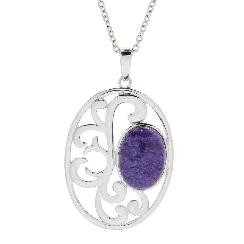 personalized gold heart pendant for him-Sterling Silver 18 x 13mm charoite Oval Openwork Enhancer Pendant w/ 30" Chain