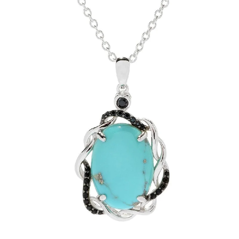 custom name pendant necklace for family-Sterling Silver 18 x 13mm Oval Campitos Turquoise & Black Spinel Pendant w/ 18" Chain