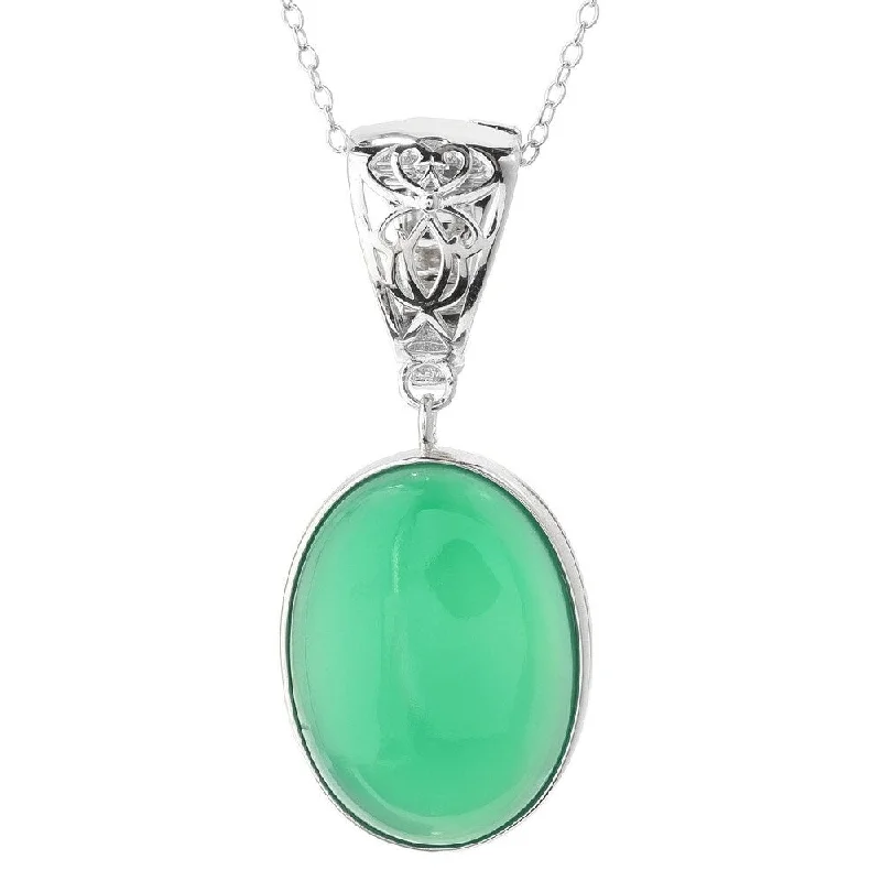 silver pendant necklace with gemstone charm-Sterling Silver 20 x 15mm Oval Green Agate Enhancer Pendant w/ 18" Chain