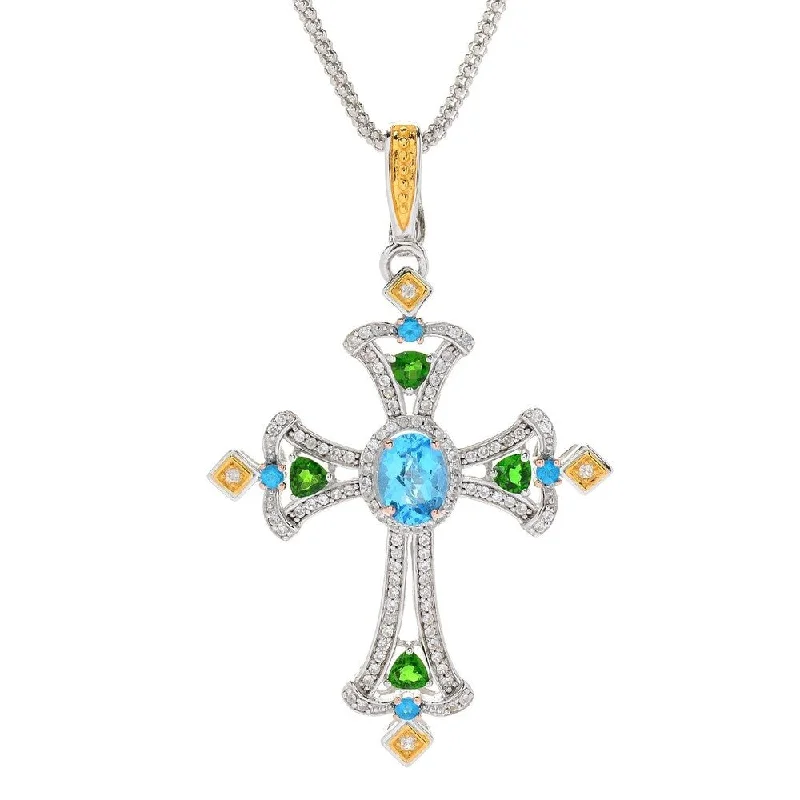 personalized crystal bar necklace for mom-Sterling Silver 3.18ctw Multi Gemstone Cross Enhancer Pendant w/ 18" Chain